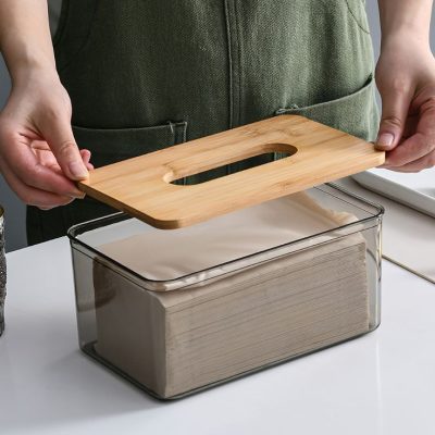 جعبه دستمال کاغذی اکرولیک دودی با درب بامبو