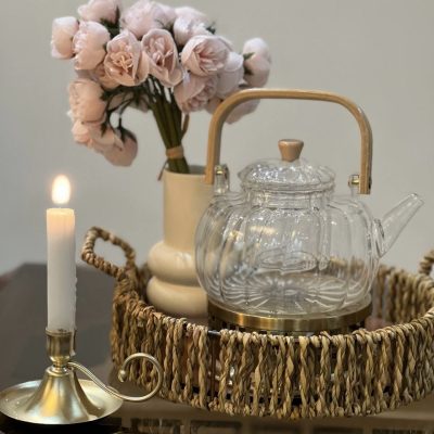 قوری پیرکس دسته بامبو مدل کدویی