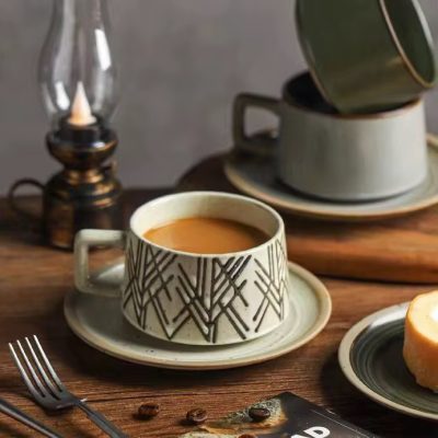فنجان نعلبکی رترو ژاپنی طرح هندسی