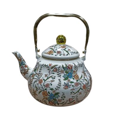 کتری لعابی دسته طلایی ۲ لیتری سفید گلدار