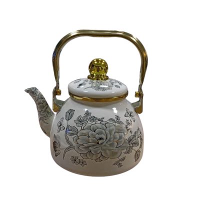 کتری لعابی دسته طلایی ۱.۵ لیتری سفید گل طوسی