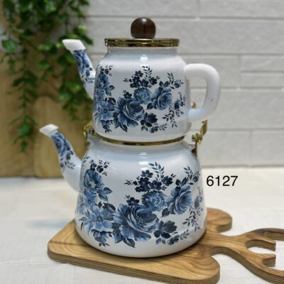 کتری قوری لعابی گل آبی کد 6127