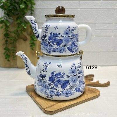 کتری قوری لعابی گل آبی کد 6128