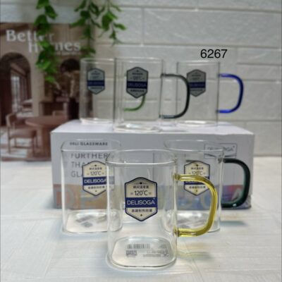 لیوان پیرکس دلی سوگا مدل مربع دسته رنگی – ست 6 عددی