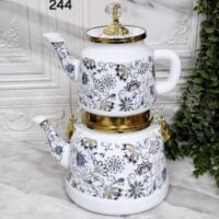 کتری قوری لعابی سفید گلدار بوهمی