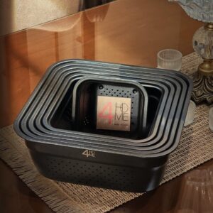 آبکش 6 پارچه استیل مربع برند 4HOME رنگ مشکی | ست کامل 6 سایز