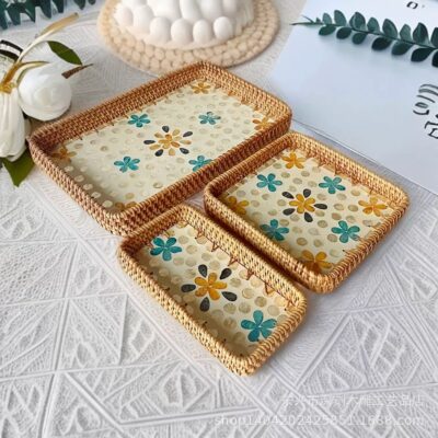 سینی حصیری 3 تکه کف صدف طرحدار کد 2943